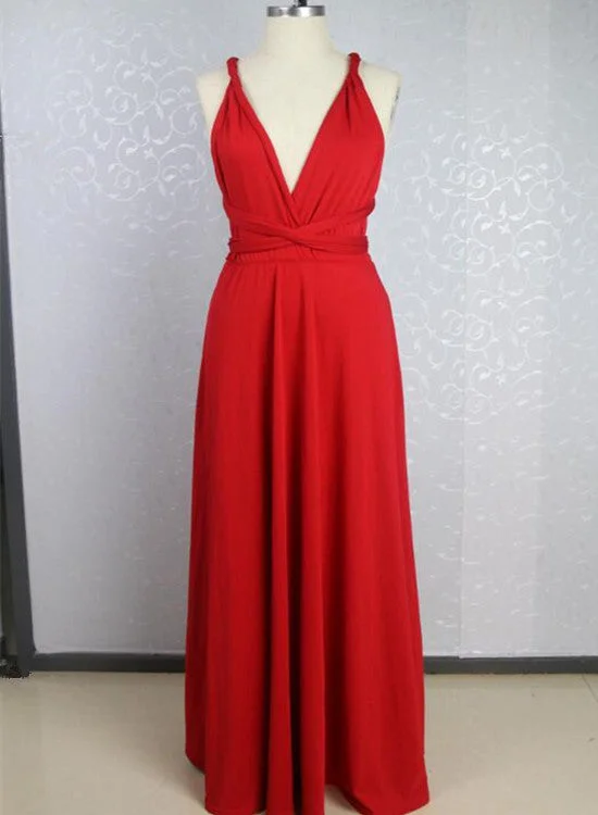 Beautiful Red Simple Cross Back Long Bridesmaid Dress, Charming Party Dress Halter Neckline Beach