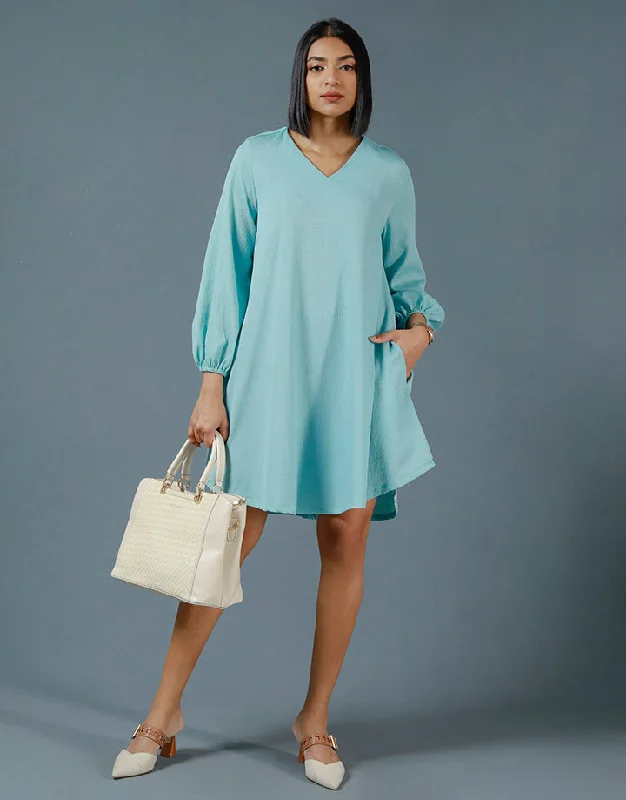 V-Neck Dress with Elastic Gathered Sleeves Shift Classic Vintage