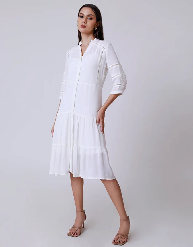 White Tiered Dress with Ladder Details Tunics Distressed trendy
