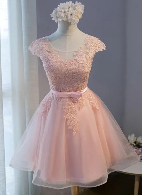 Pink Round Neckline Tulle Cute Knee Length Party Dress , Pink Party Dresses Tunics Yoga stretchy