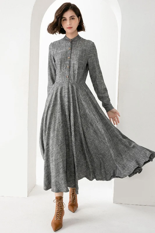 Spring Autumn Long Grey Linen Dress 3831 sweetheart Neckline Romantic