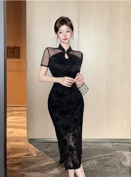 Elegant Black Cheongsam - style Dress with Mesh Panel Tunics Leisure comfortable