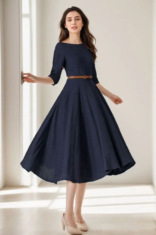 Blue swing midi linen dress for women 5066 Boatneck Modish Everyday