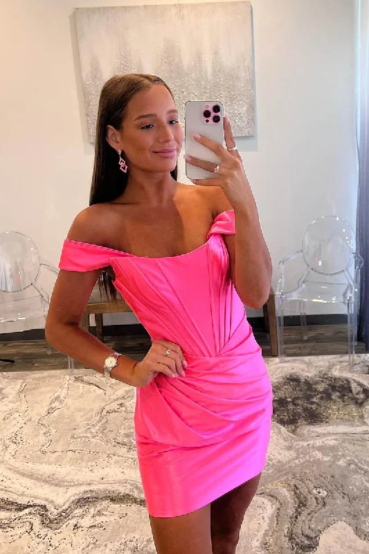 Sheath/Column Off Shoulder Satin Pleats Pink Cute Homecoming Dress Short Graduation Dress QH2464 Tunics Review highly Sheath/Column Off Shoulder Satin Pleats Pink Cute Homecoming Dress Short Graduation Dress QH2464 Tunics Review highly