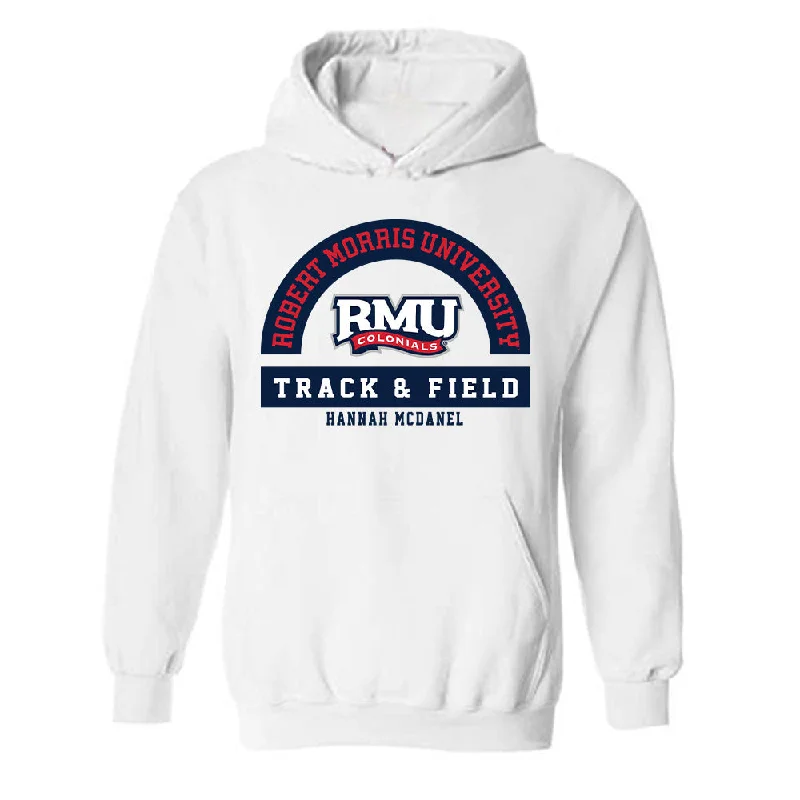Robert Morris - NCAA Women's Track & Field : Hannah McDanel - Classic Fashion Shersey Hooded Sweatshirt Hoodie with Emblem Brand Identity Robert Morris - NCAA Women's Track & Field : Hannah McDanel - Classic Fashion Shersey Hooded Sweatshirt Hoodie with Emblem Brand Identity