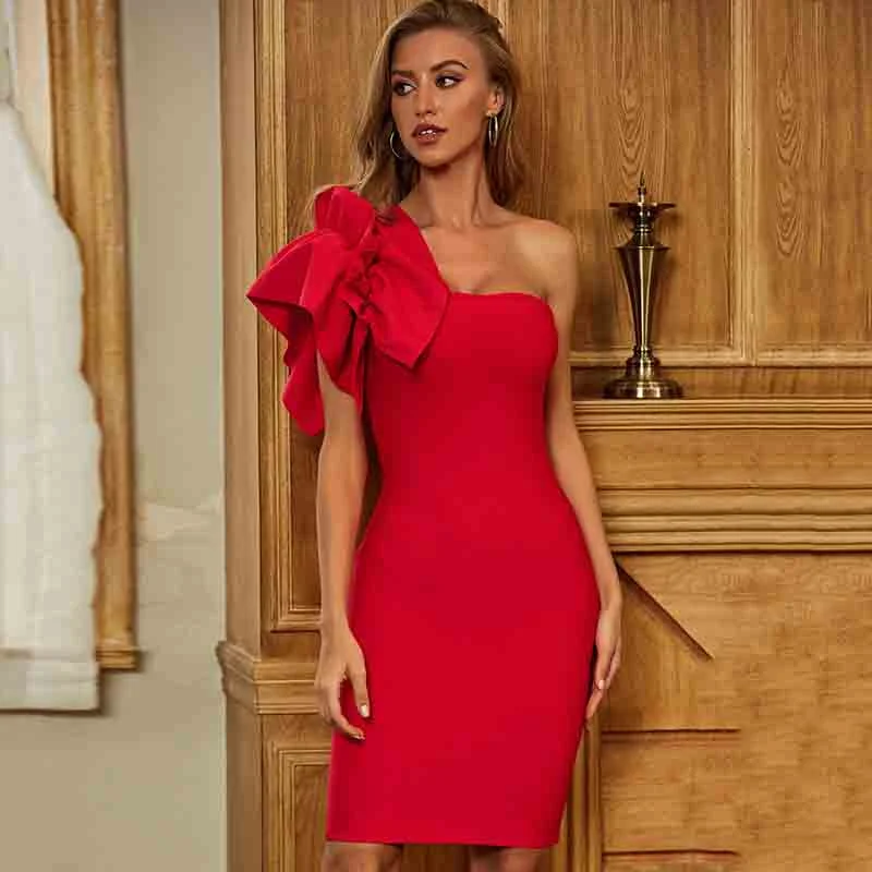 Women One Shoulder Short Party Dress with bow Tunics Seasonal trendy