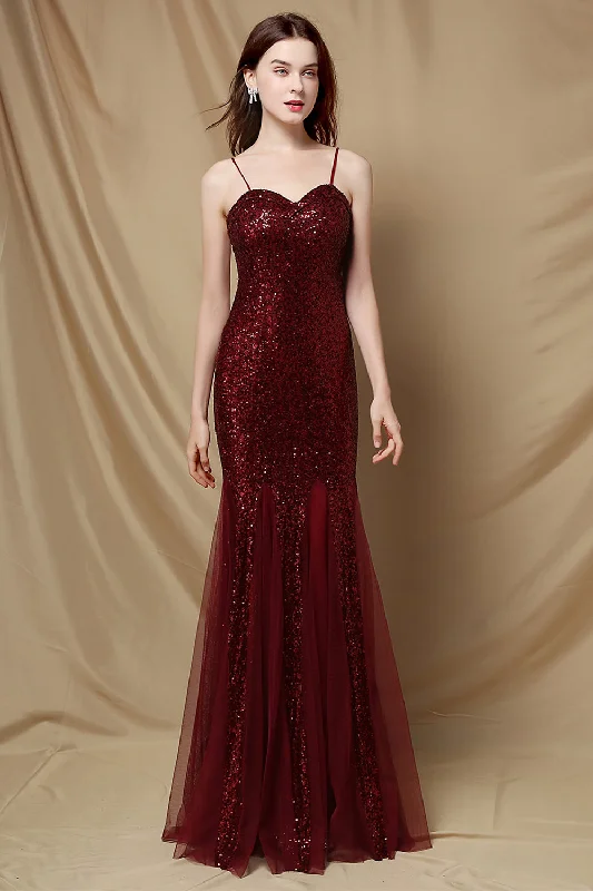 Burgundy Mermaid Sequins Party Dress Square Neckline Feminine