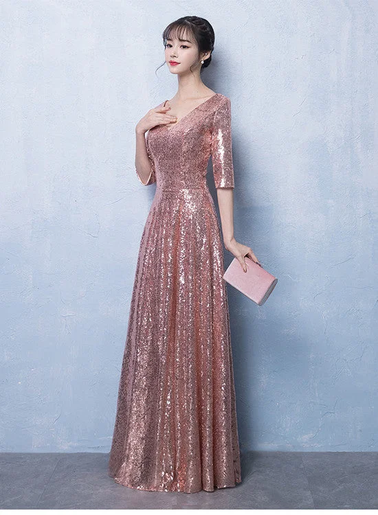 Peach Pink Sequins V-neckline Long Party Dress, Pink Bridesmaid Dress Tunics Cozy comfortable