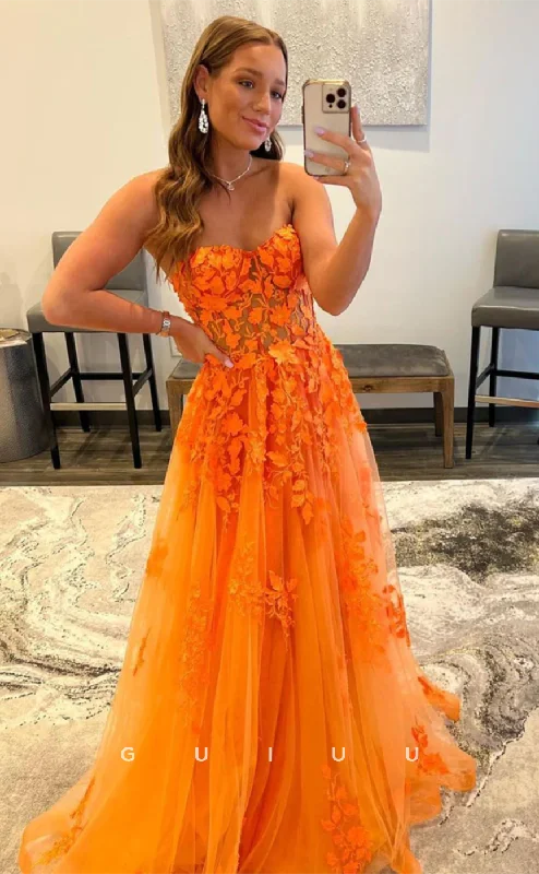G4632 - Chic & Modern A-Line Strapless Sleeveless Aplliuques Tulle Long Prom Party Dress Tunics Luxurious premium G4632 - Chic & Modern A-Line Strapless Sleeveless Aplliuques Tulle Long Prom Party Dress Tunics Luxurious premium
