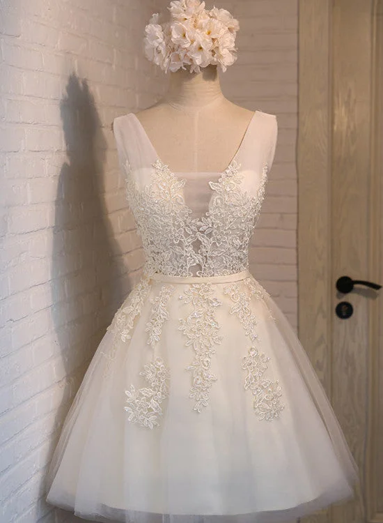 Lovely Short Tulle Party Dresses, White Homecoming Dresses, Short Prom Dress with Applique Sequined Elegant Party Lovely Short Tulle Party Dresses, White Homecoming Dresses, Short Prom Dress with Applique Sequined Elegant Party