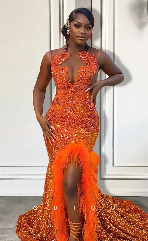 G4581 - Sexy & Hot Mermaid V Neck Sleeveless Orange Fully Sequined Feather Slit and Court Train Prom Party Dress for Black Girl Slay Tunics Luxurious high-end G4581 - Sexy & Hot Mermaid V Neck Sleeveless Orange Fully Sequined Feather Slit and Court Train Prom Party Dress for Black Girl Slay Tunics Luxurious high-end