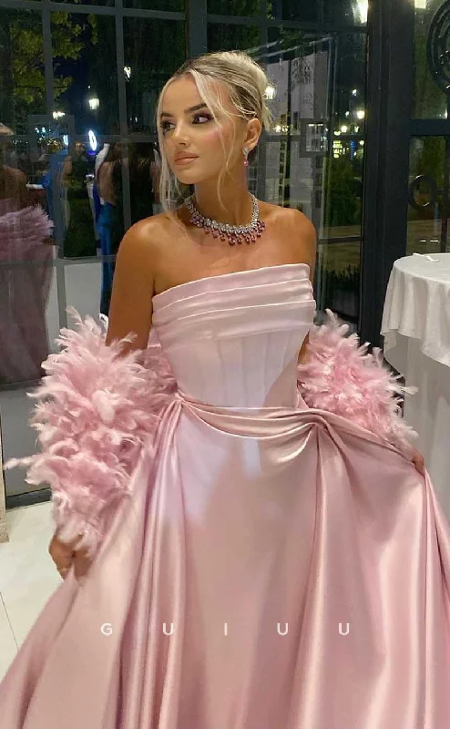 G4445 - Chic & Cute Pink Stain A-Ling Ruched Long Prom Party Dress with Feathers Sleeves Tunics Silk luxurious G4445 - Chic & Cute Pink Stain A-Ling Ruched Long Prom Party Dress with Feathers Sleeves Tunics Silk luxurious