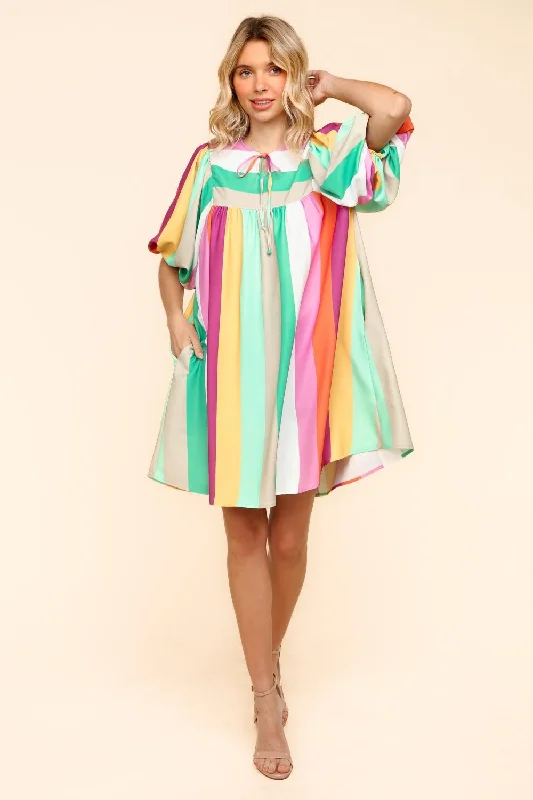 PLUS BABYDOLL MULTICOLOR STRIPE DRESS WITH SIDE POCKETS Casual Short Summer