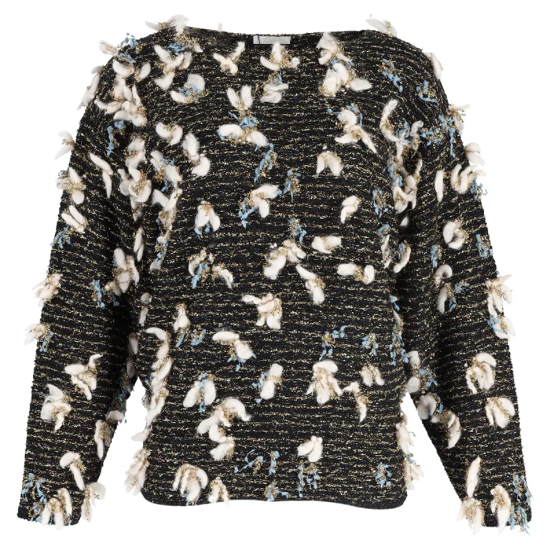 Chloé Lurex Metallic Knit Embellished Sweater in Black Wool Mesh Blend Leather Blend Suede Blend Chloé Lurex Metallic Knit Embellished Sweater in Black Wool Mesh Blend Leather Blend Suede Blend