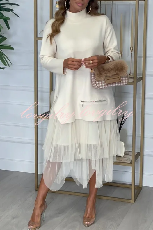 Taylor Knit Turtleneck Zip-up Top and Elastic Waist Tulle Loose Midi Skirt Set leather skirt refined