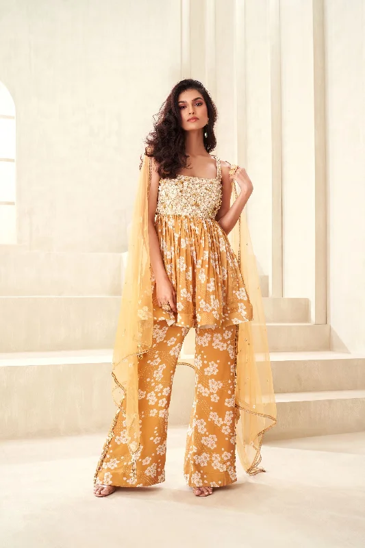 Gold Printed Pant With Yoke Embroidered Peplum Top Chic Faux Leather Pants