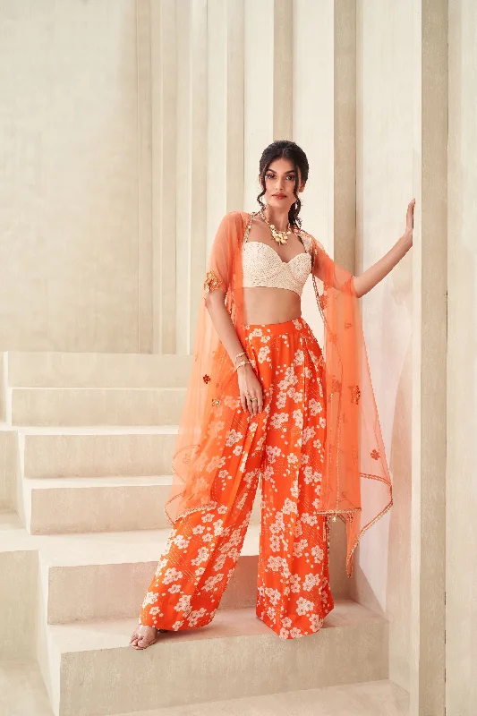 Orange Printed Pant With Emebellished Cape Trendy High-Waist Trousers