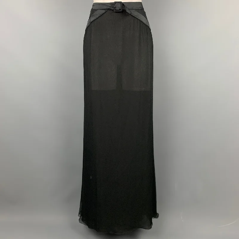 VALENTINO Size 8 Black Sheer Silk Chiffon Satin Belt Maxi Skirt leather skirt bold