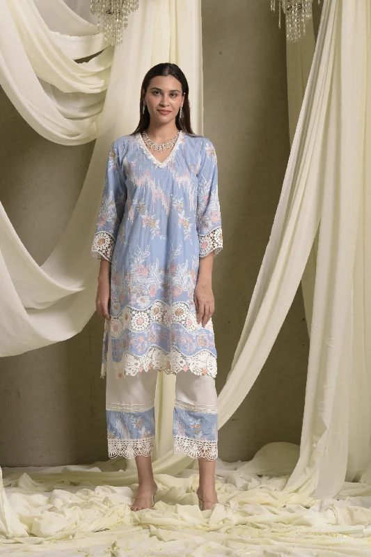 Myra Mesh Floral Lace Kurta With Pants - Blue Comfy Athletic Pants