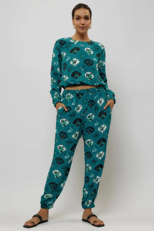Teal Printed Crepe Top With Jogger Pant High-Waist Trousers