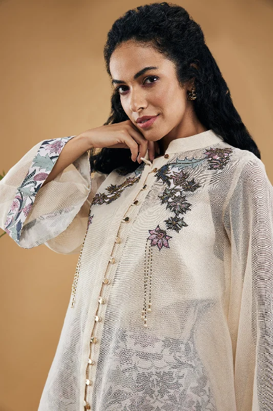 Pastel Floral Applique Top With Pants Elegant High-Waist Pants