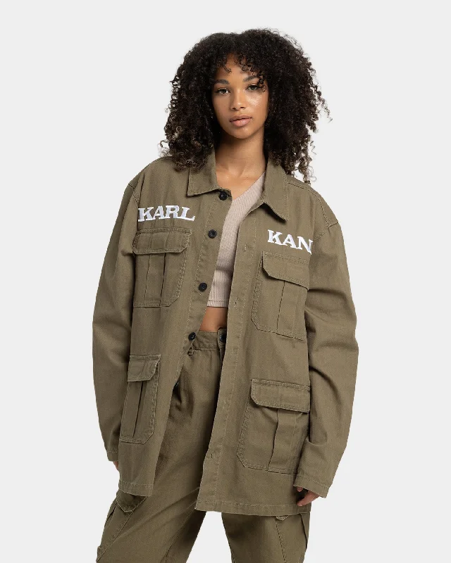 Karl Kani Retro Utility Shirt Jacket Dark Green A-Line Jacket Boat Neck Shawl Collar Karl Kani Retro Utility Shirt Jacket Dark Green A-Line Jacket Boat Neck Shawl Collar