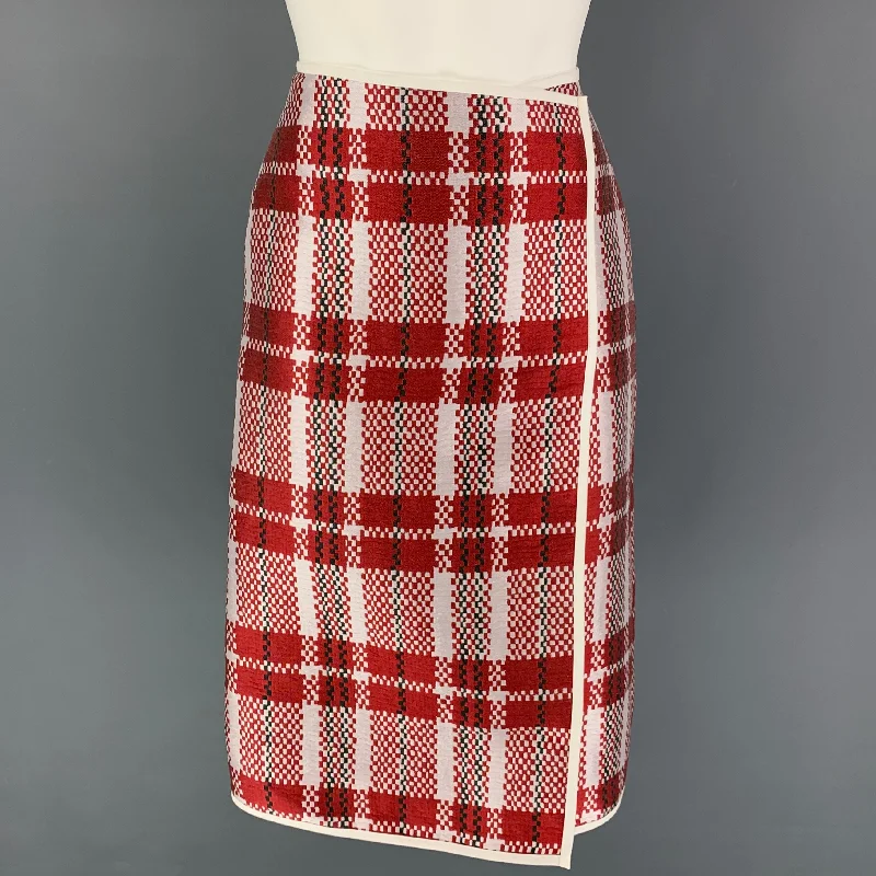 CELINE Size 2 Red Pink Polyester Blend Checkered A-Line Mid-Calf Skirt denim skirt stylish
