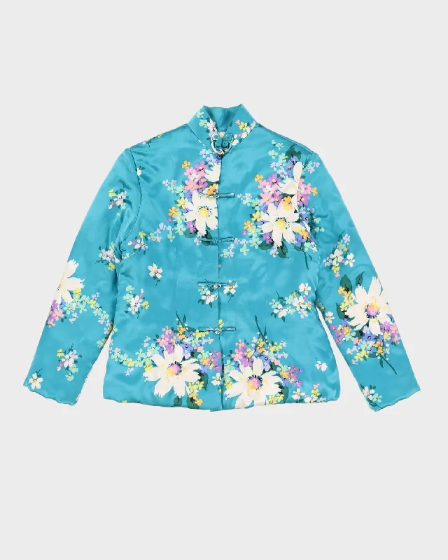 Aqua Blue Floral Patterned Cheongsam Style Jacket - XS Zip Front Button Front Snap Front