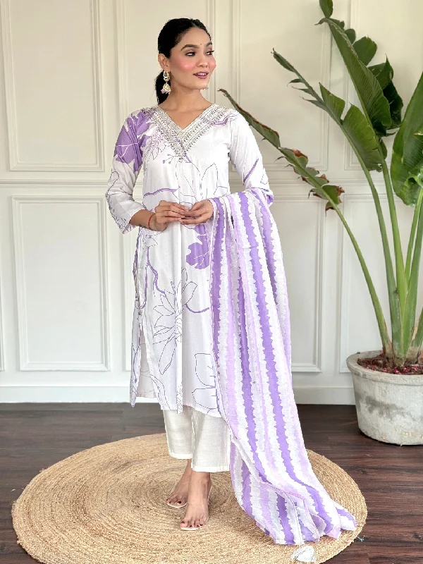 White Designer Party Wear Readymade Pant Suit With Printed Embroidery Work Comfortable Fleece Pants