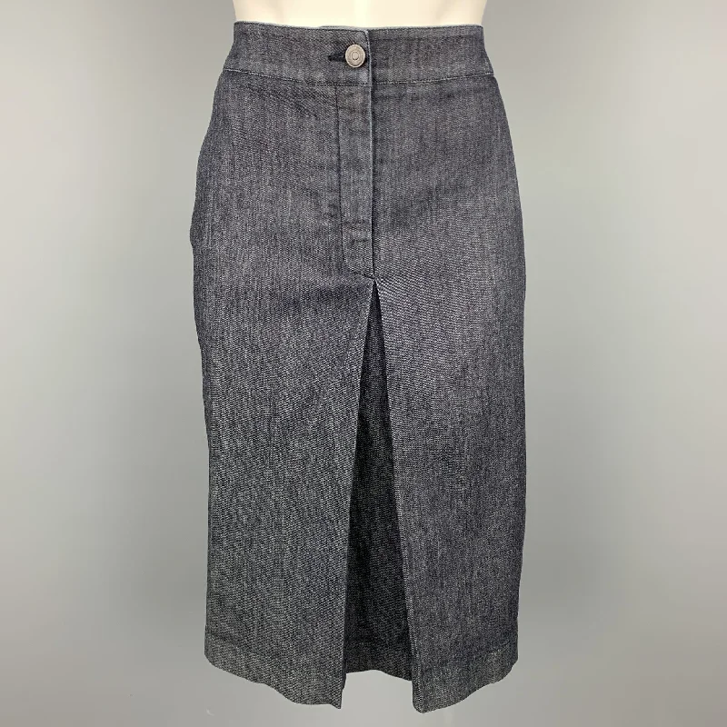 SALVATORE FERRAGAMO Size 10 Blue Denim Single Pleat Zip Fly Skirt leather skirt sleek
