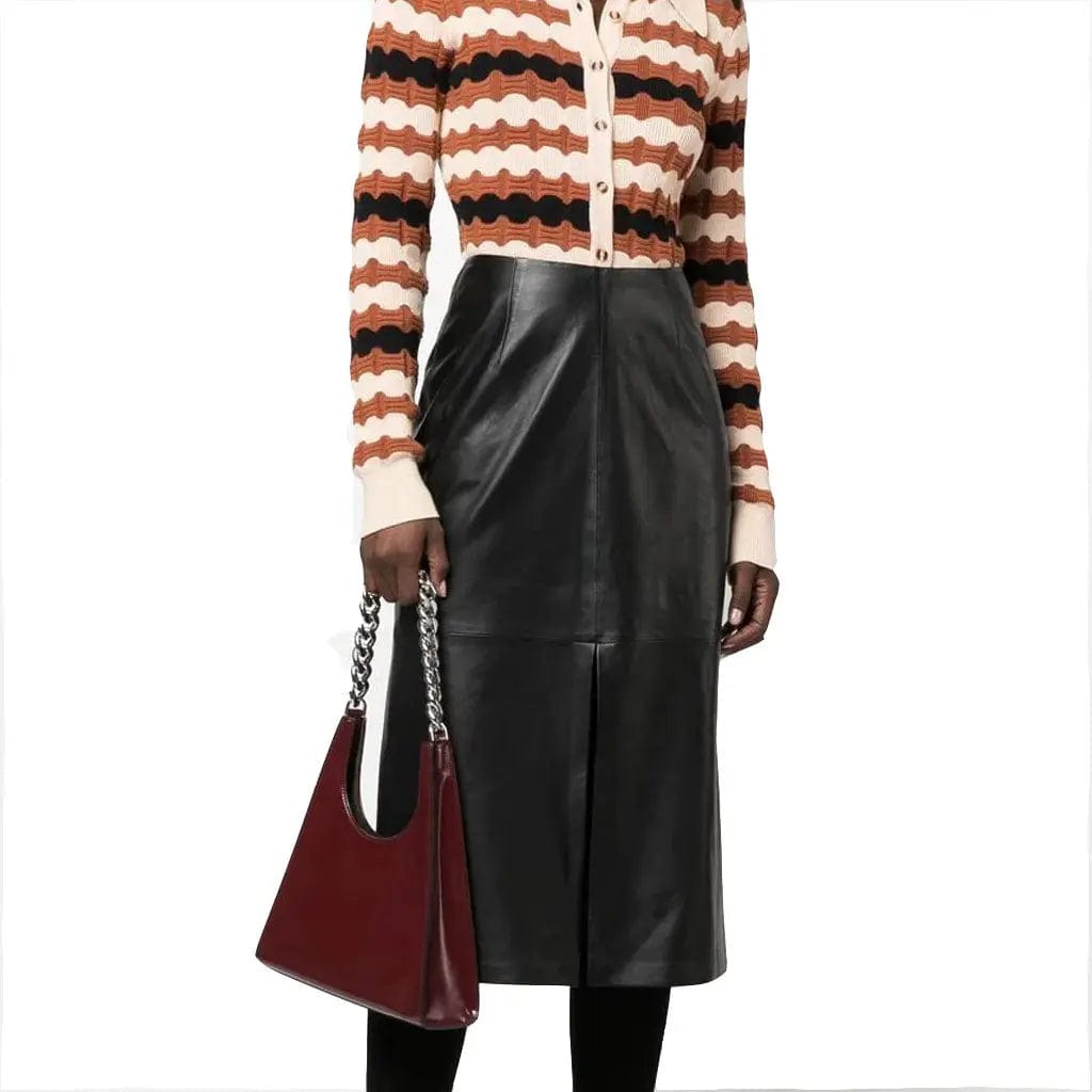 Front Slit-Detail Leather Skirt For Summer leather skirt sleek