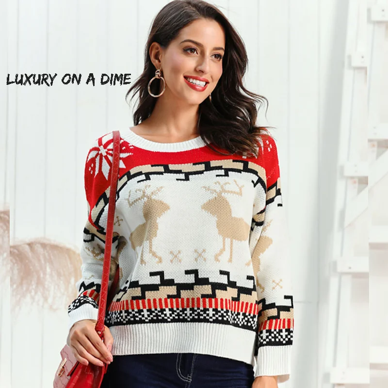 Geometric Reindeer Snowflake Knit Round Neck Classic Holiday Sweater Minimalist Mesh Sweater Canvas Denim