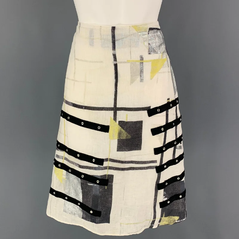 HUGO by HUGO BOSS Size 2 White Black Yellow Linen Ribbon A-Line Below Knee Skirt cashmere skirt soft