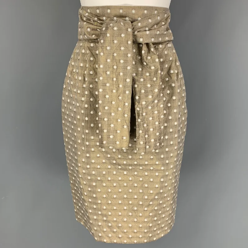 BILL BLASS Size 6 Taupe White Dots Pencil Mid-Calf Skirt leather skirt refined