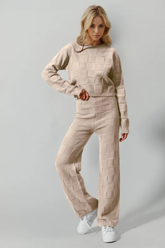 Hazel Blues® |  Double Take Checkered Round Neck Top and Pants Set Casual Sweatpants Style