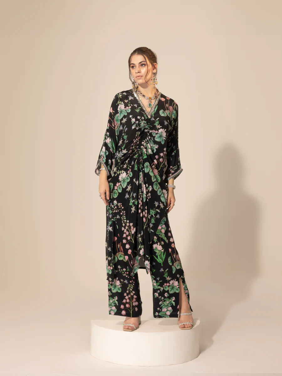 Black Botanical Drawstring Kaftan & Pants Set Relaxed High-Waist Trousers