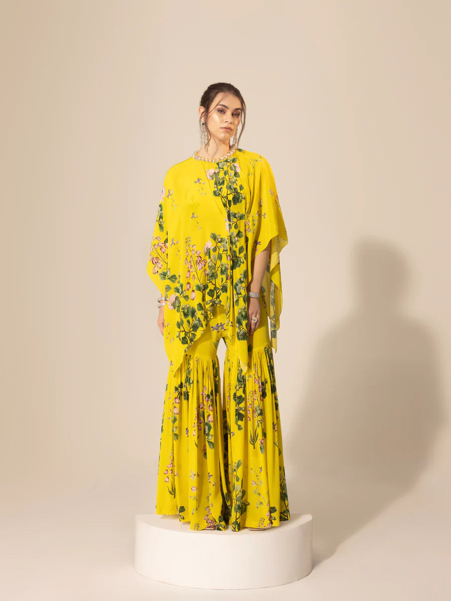 Yellow Botanical Asymmetric Top & Sharara Pants Trendy Velvet Pants