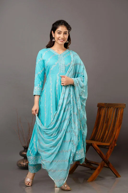 Light Blue Embroidered Kurta Set with Designer Pant & Lace Dupatta - 3 Piece Ensemble Stylish Slim Trousers
