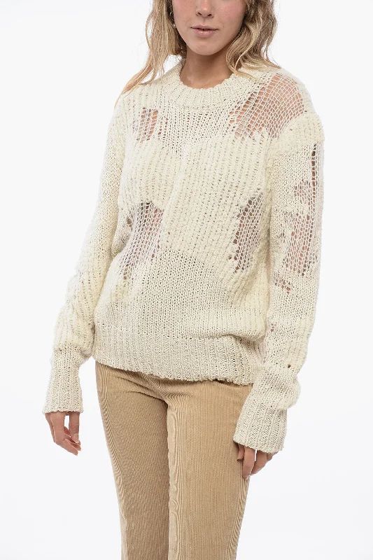 Chloe Crew Neck Openwork Wool Blend Sweater with Lived-in Effect Jersey Fabric Tulle Fabric Batik Fabric Chloe Crew Neck Openwork Wool Blend Sweater with Lived-in Effect Jersey Fabric Tulle Fabric Batik Fabric