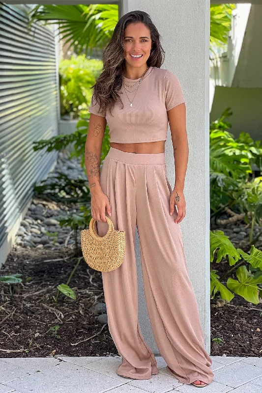 Mocha Top And Pants Set Classic Pleated Pants