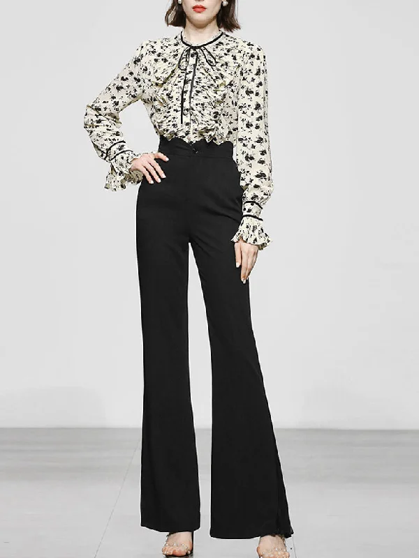 2PS Stand Collar Printed Top And Black Flared Pants Set Relaxed Linen Pants
