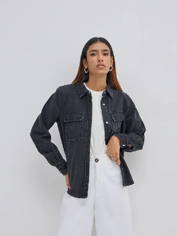 LOV Black Embellished Denim Jacket Anorak Shell Jacket Lightweight Jacket