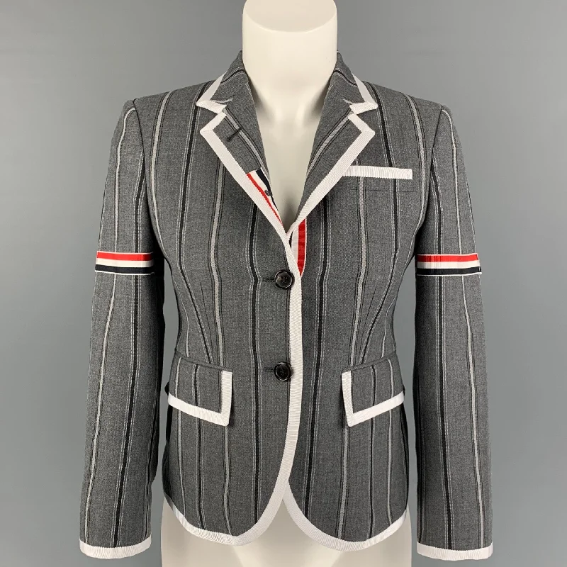 THOM BROWNE Size 2 Gray Charcoal Wool Stripe Cropped Jacket Ribbed Jacket Pleated Jacket Ruffled Jacket THOM BROWNE Size 2 Gray Charcoal Wool Stripe Cropped Jacket Ribbed Jacket Pleated Jacket Ruffled Jacket