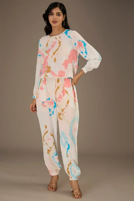 White Printed Top With Jogger Pant Chic Slim Fit Pants