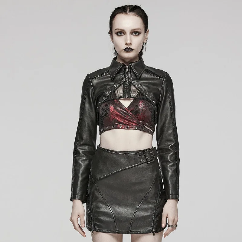Women's Punk Eyelet Mesh Faux Leather Short Jacket Snapped Jacket Toggled Jacket Drawstring Jacket Women's Punk Eyelet Mesh Faux Leather Short Jacket Snapped Jacket Toggled Jacket Drawstring Jacket