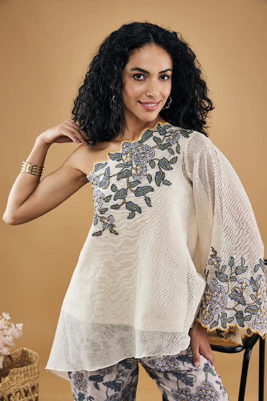 Yasmin applique One-shoulder Top With Pants Elegant Dress Pants