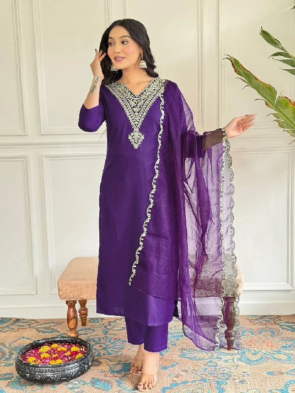 Purple Designer Readymade Pant With Printed Embroidery Work Comfortable Pleated Pants