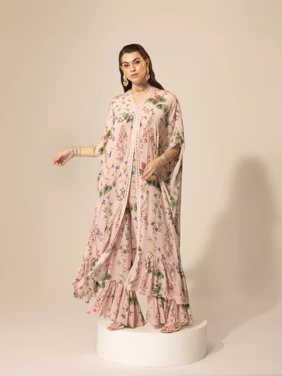 Blush Pink Botanical Long Kaftan & Pants Casual Skinny Fit Pants