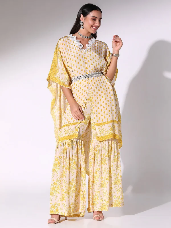 Yellow Printed Kaftan & Sharara Pants Formal Slim Pants