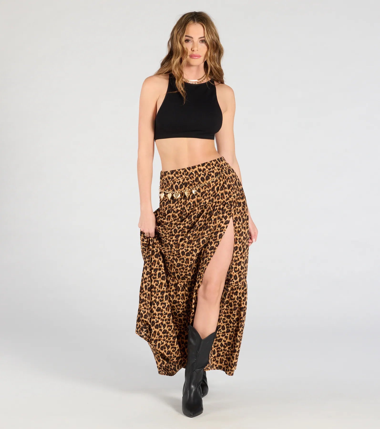 On The Prowl High-Rise Slit Leopard Maxi Skirt denim skirt casual